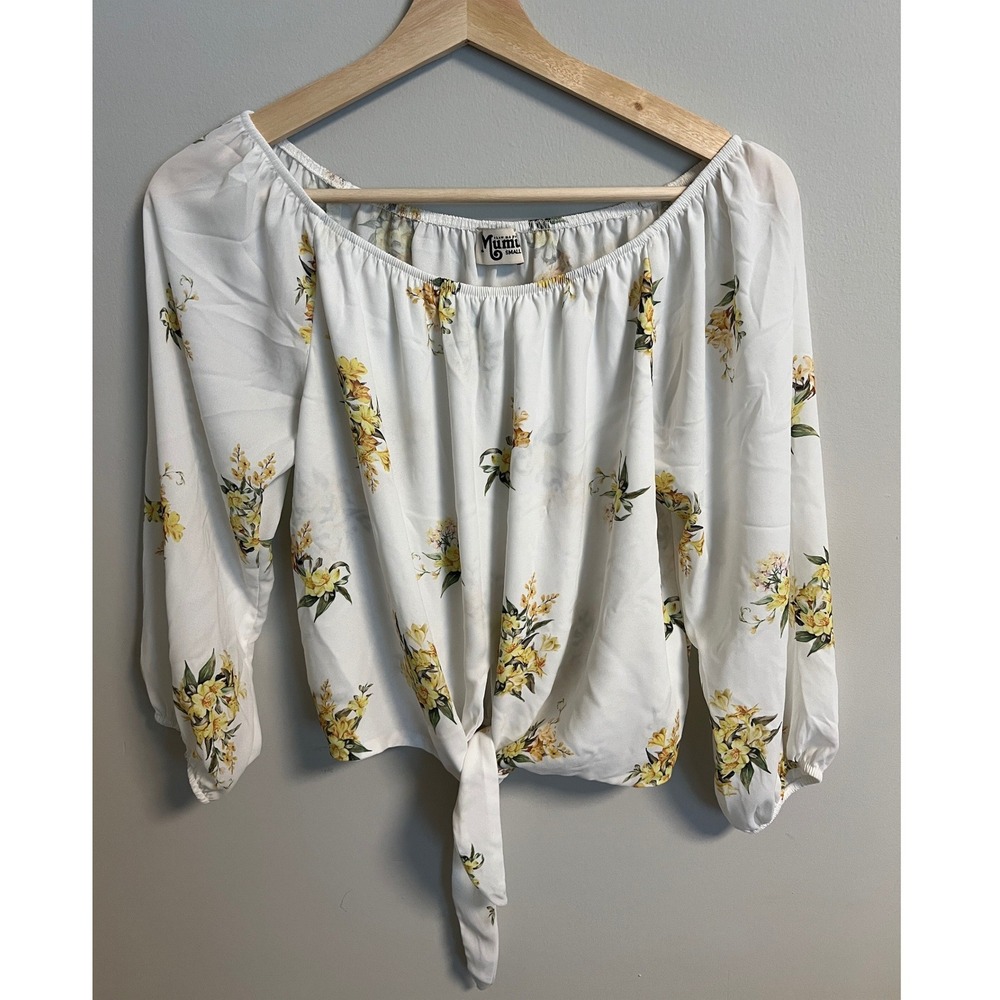 Show Me Your Mumu Floral Off Shoulder Tie Front Blouse Small White Yellow Boho